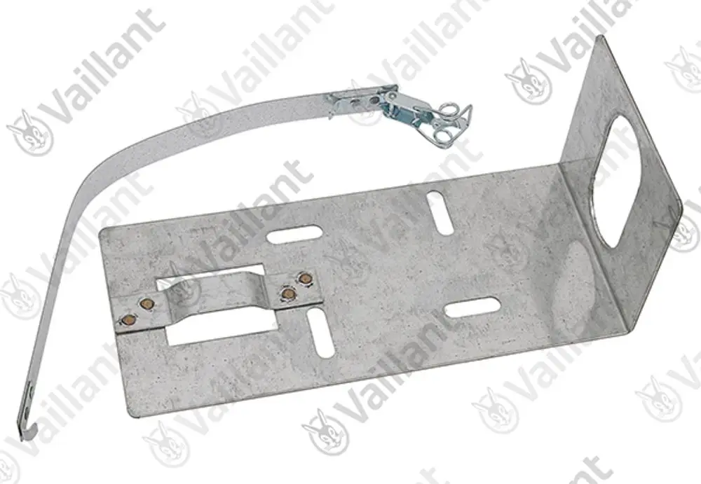 Vaillant Halter aus Metall mit einer Konsole, die eine Befestigungsmöglichkeit bietet. Ein Ende ist mit einer Schlaufe versehen, das andere hat eine größere Öffnung.